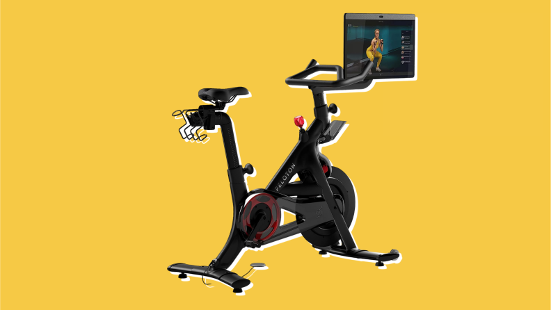 The Peloton Bike + on a yellow background.