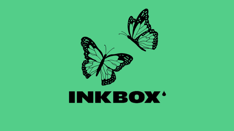 Two black butterfly temporary tattoos and a Inkbox logo on a green background