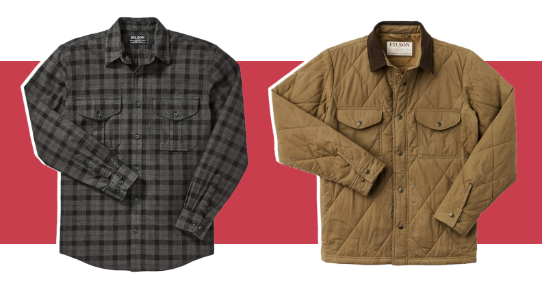 Collage of the Alaskan Guide Shirt in a gray check pattern and the Hyder Quilted Jac-Shirt in brown.