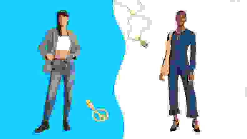 Model on right wearing blazer, bandeau top and jeans and model left wearing navy blue jumpsuit.