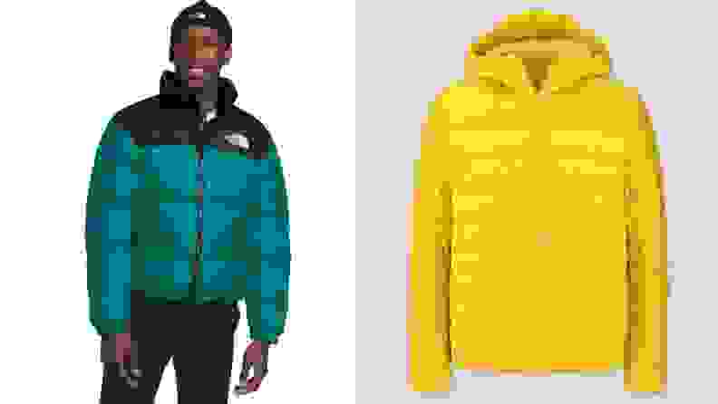 A person wears a green jacket. A yellow jacket is to the right.