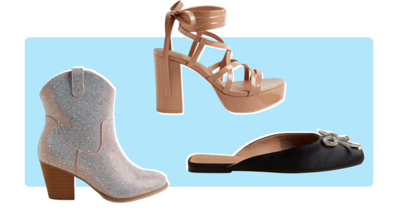 A rhinestone encrusted ankle boot, a tan strappy platform heel, and a velvet black slipper.