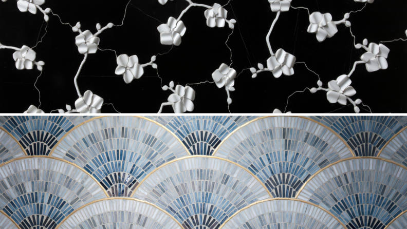 Orchids in marble make a stunning statement, and blue ombre  glass mosaic is accented with brass