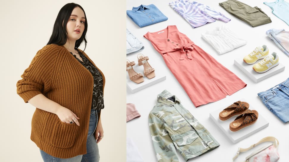 plus size white woman wearing fashionable clothing next to various clothing items laid out on the ground