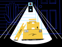 An illustration of packages on a front porch, protected by a camera doorbell.