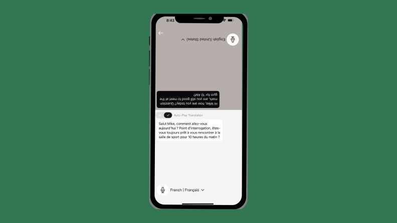 On a green background, an iPhone shows the Elehear app and a translation from English to French