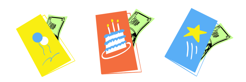 An illustration of three birthday cards with $5 bills sticking out