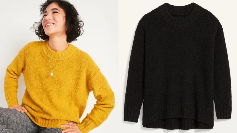 An image of a woman in a bright yellow crew neck sweater alongside a flat lay of a black sweater.