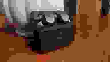 椭圆形和黑色mod耳塞坐在木柜上。