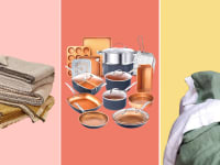 On left, neutral colored throw blankets folded and stacked on top of each other. In middle, copper pot set. On right, jade green linen sheets and pillows on bed.