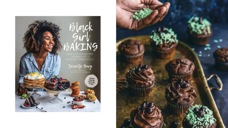 Left: A photo of the cookbook, Black Girl Baking. Right: A tray of chocolate cupcakes with min chocolate icing.