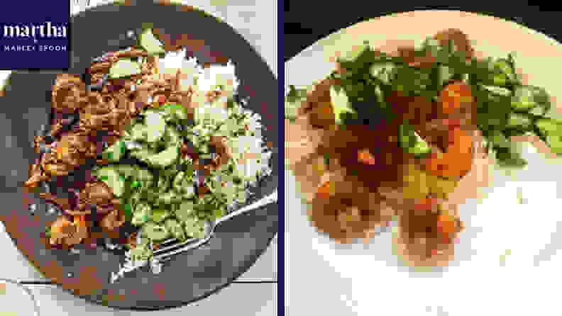 Left: A top-down image of a professionally styled dish comprised of rice, shrimp, and cucumbers. Right: Rice, shrimp, and cucumber slices on a white plate.
