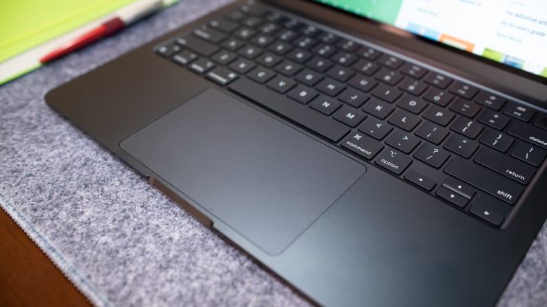A closeup of the laptop trackpad.
