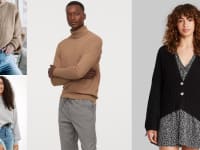Several images of models wearing turtlenecks, cardigans, and mock neck sweaters.