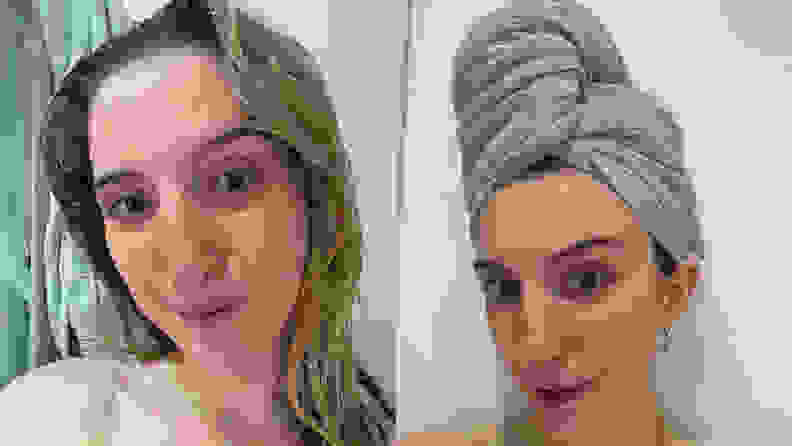 On the left: The author smiles at the camera with her post-shower wet hair laying against her shoulders. On the right: The author has her wet hair wrapped up in the Aquis Waffle Luxe Hair Towel.