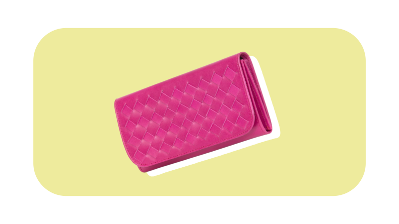 A bright pink crosshatch woven wallet