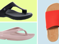 The Oofos, Dansko, and Message brand sandals side-by-side.