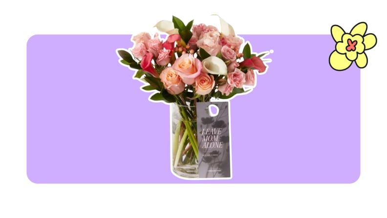 A bouquet of flowers from Urban Stems and a door sign that reads 'Leave Mom Alone'