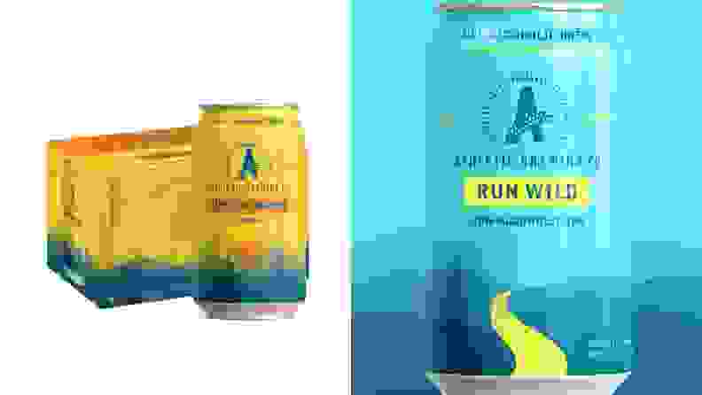 Left: A 6-pack of non-alcoholic beer with one of the brightly colored yellow cans place in front of the box against a white background. Right: A silhouetted blue can of Athletic Brewing Co.'s non-alcoholic beer against a blue background.
