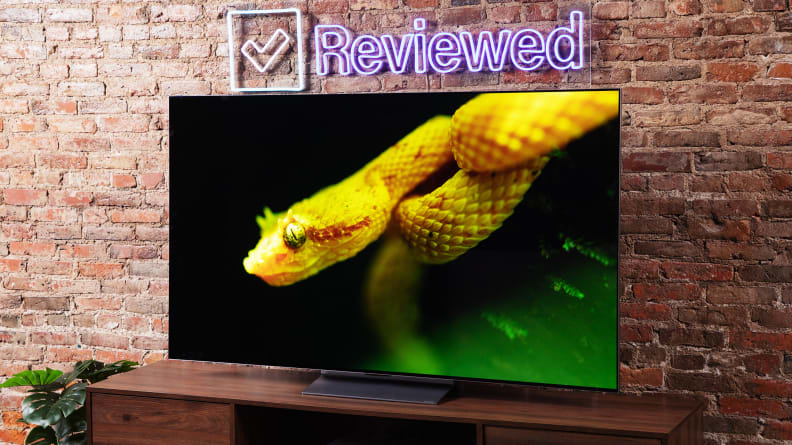 An image of a snake displayed on an LG C2 OLED sitting on a wooden table in front of a brick wall with a monitored neon sign.