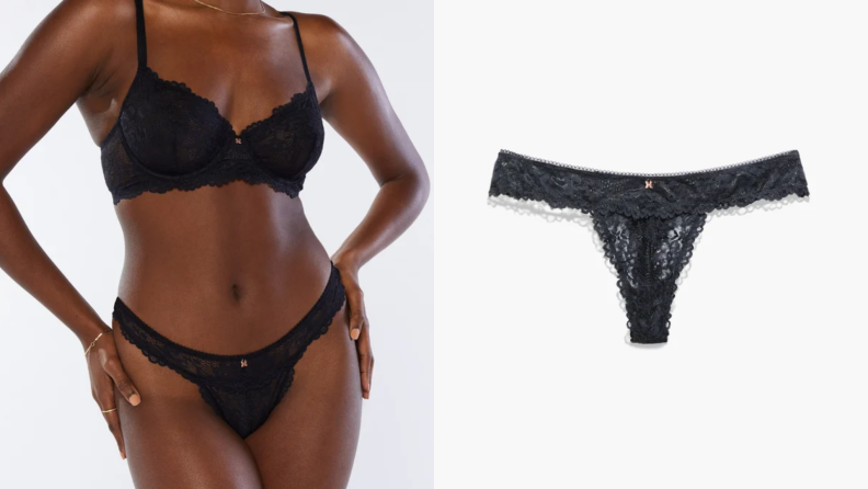 On left, model wearing black lace underwear and black bra. On right, product shot of black lace underwear.