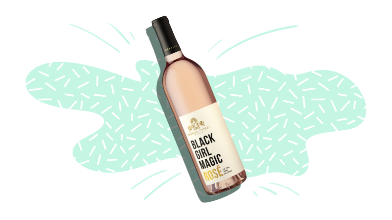 A silhouetted bottle of Black Girl Magic Rosé wine on a mint and white patterned background.