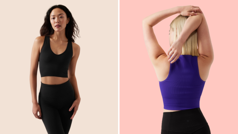 A model wearing a black sports bra, another wears a purple one.