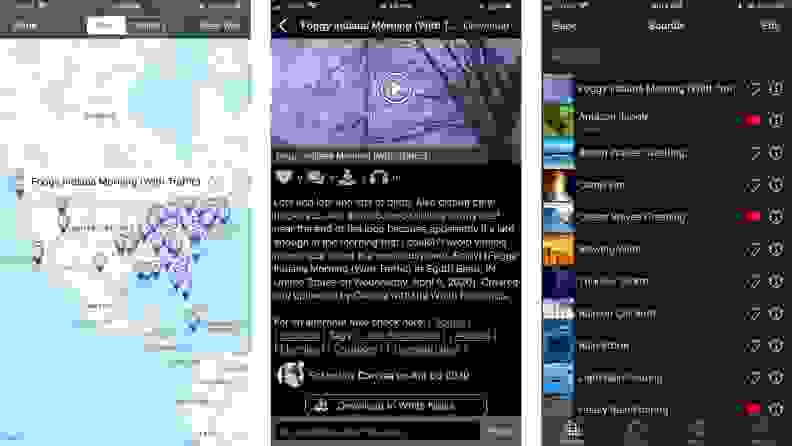 白噪音市场地图功能的三张截图，显示用户从特定地点发出的声音