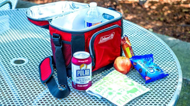 An open soft cooler with a water bottle in it on an outdoor picnic table, sitting next to a seltzer, snack bag, apple, granola bar, and cookies