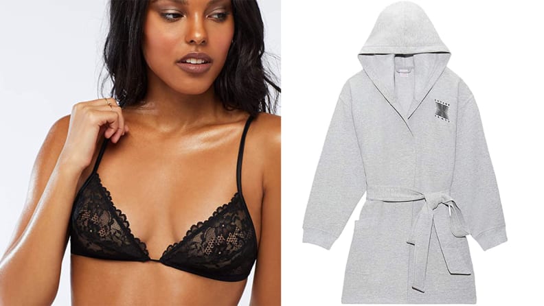 A woman in a black bralette and a gray cloth robe.