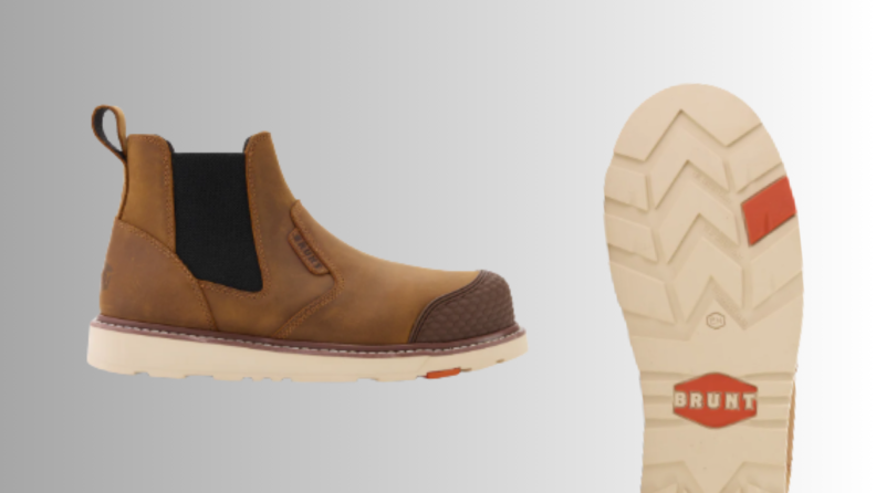 A workboot and its sole on a light gray background