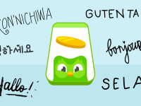 A phone with the Duolingo owl and a gold coin in the middle with hello written in six different languages around it