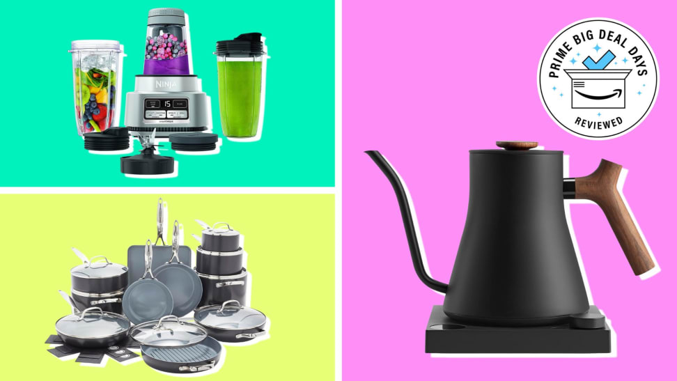 Ninja Smoothie Maker, GreenPan Valencia Pro Set, and Fellow gooseneck kettle on bright color block background