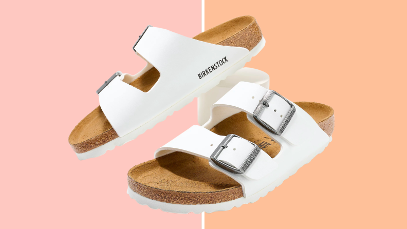 Birkenstock sandals on a pink and orange background