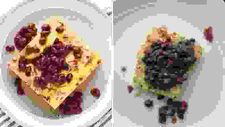 On left, RealEats photo of Huevos Rancheros Frittata shot from above. On right, Reviewed's photo of the same product from the same angle.