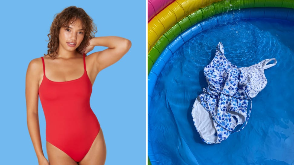 A model wears a red bathing suit, on the right is an overhead shot of a blue bathing suit inside a kiddie pool.