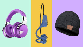 Silensys E7 over-ear headphones, 9 Digital Lite bone conduction headphones, and FullLight Tech Bluetooth Beanie against a colorful background
