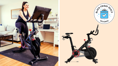 A person working out on a Peloton bike with a Black Friday badge in the corner.