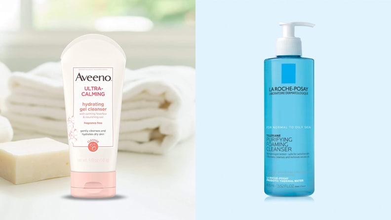 The Aveeno Ultra-Calming Hydrating Gel Facial Cleanser and the La Roche-Posay Toleriane Purifying Foam Cleanser.