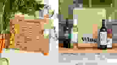左图：一个个性化的食谱板，上面有妈妈的胡萝卜蛋奶酥。右图：门阶上的Wince葡萄酒订阅。