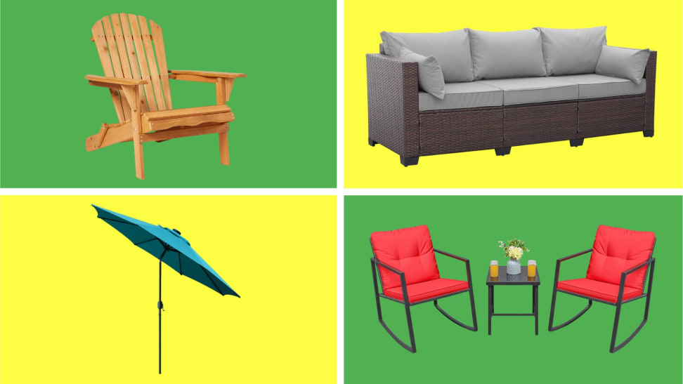 A collage of patio items on sale at Amazon in front of different colored backgrounds.