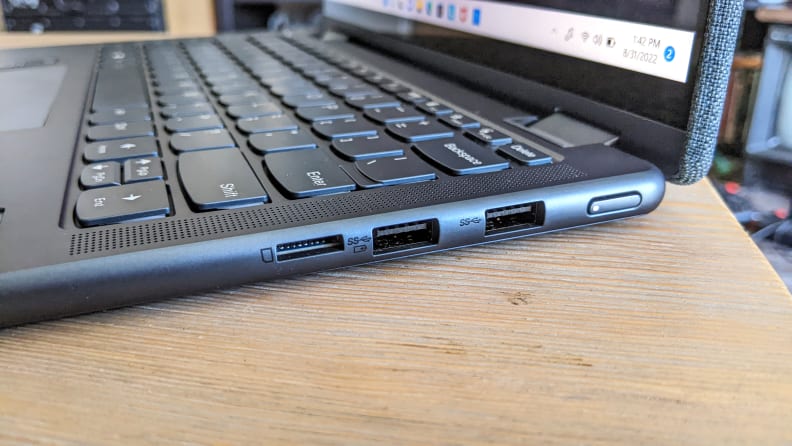 A close up of a laptop's side connectivity ports