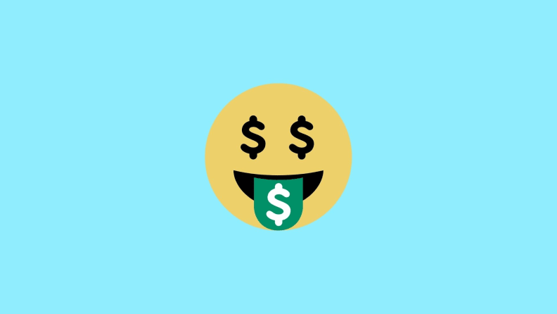 An illustrated smiley face with dollar symbols for eyes on a blue background