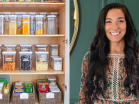 on left, an organized pantry with plastic bins full of pasta, at right, Horderly founder Jamie Hord