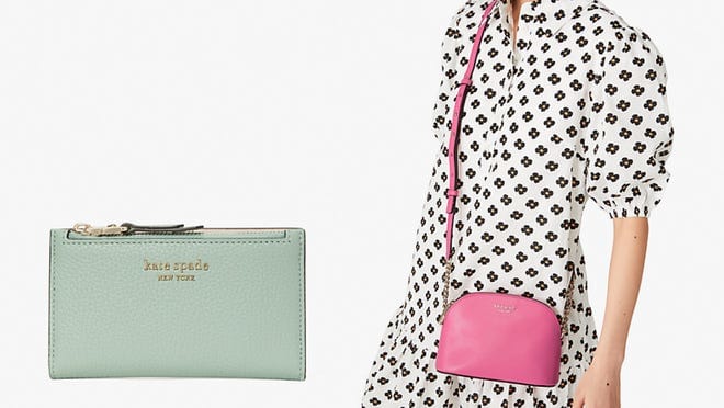 On right, mint green zip wallet. On right, person wearing pink leather crossbody purse.