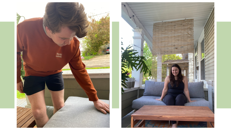 Two people, side-by-side touching and sitting on Outer Furniture.