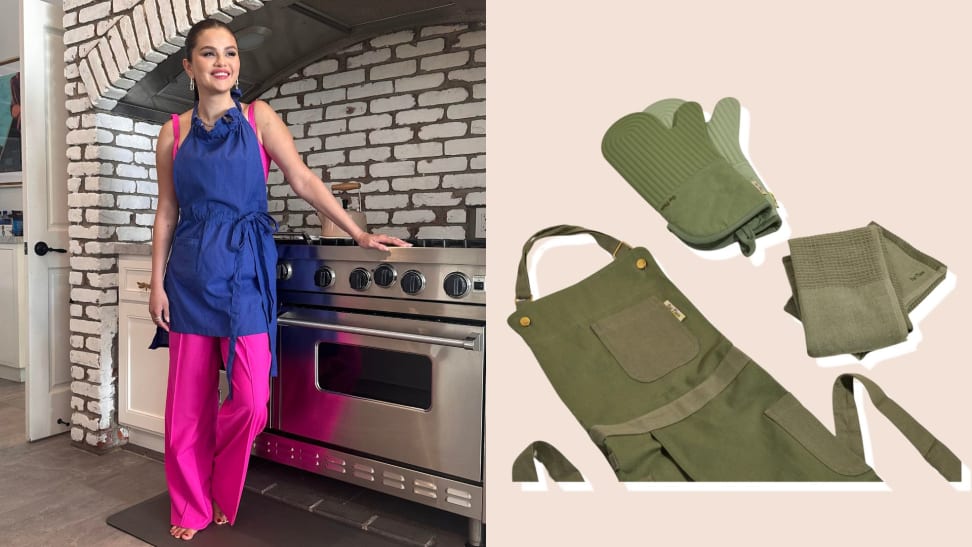 Left: Selena Gomez wearing azul Our Place apron in her kitchen. Right: sage apron and oven mitts on beige background