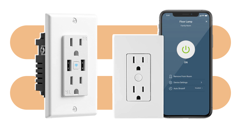 Two smart plugs next to each other with a smartphone featuring the Leviton Decora Smart Outlet app.