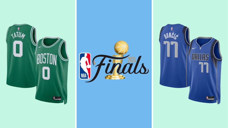 A colorful collage with jerseys from Jayson Tatum and Luka Doncic and the NBA Finals logo in the middle of the image.