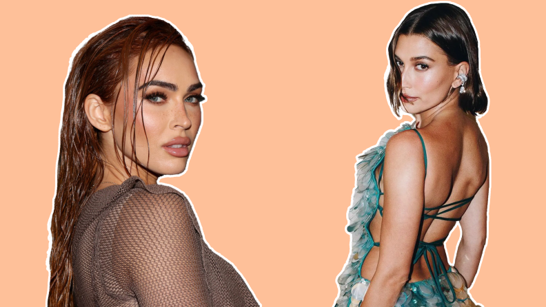 megan fox and hailey bieber on coral background